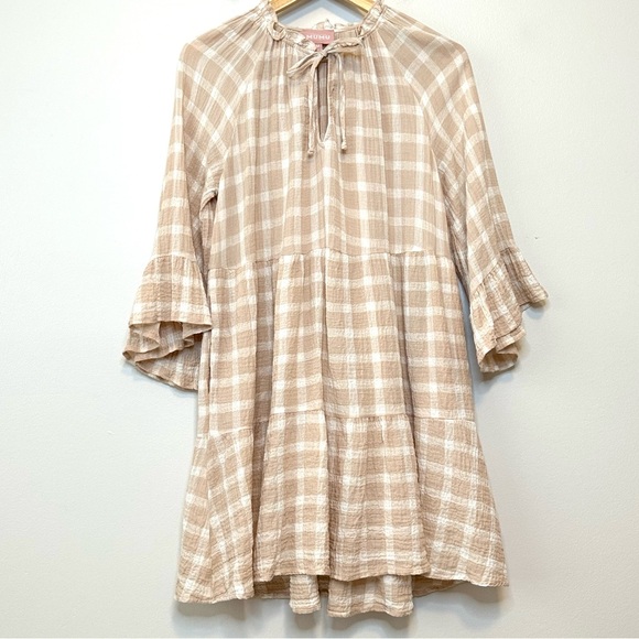 🎉SHOW ME YOUR MUMU Viola Plaid Mini Dress Cream Medium - Picture 2 of 14